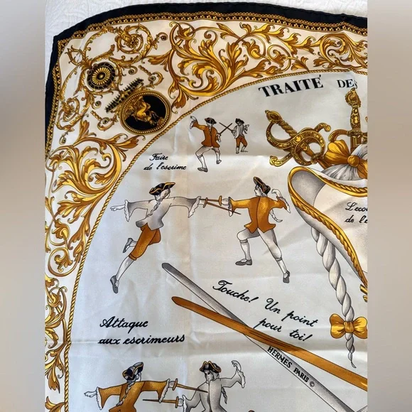 Hermes Carre 90 Traite des Arms Black Gold and White Silk Scarf with COA - Picture 4 of 12